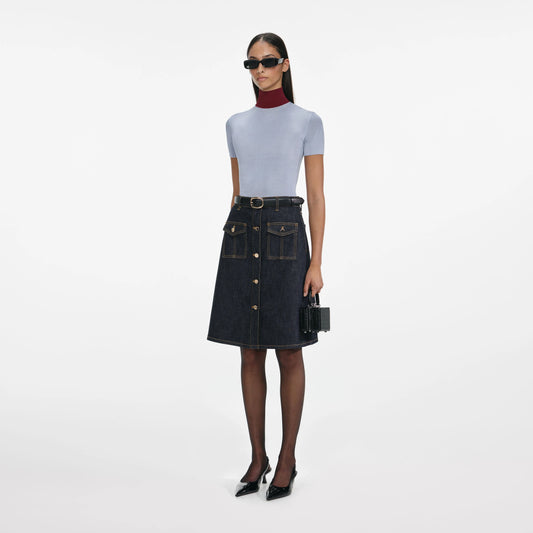 Indigo Denim Belted Midi Skirt