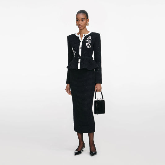 Black Floral Textured Knit Midi Dress