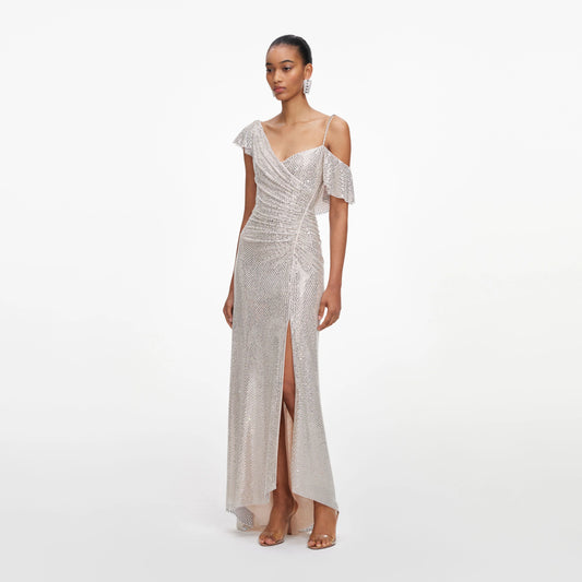 Champagne Rhinestone Ruffle Draped Maxi Dress