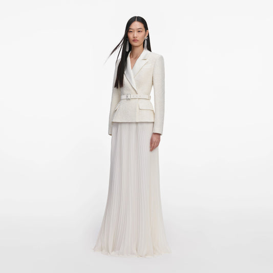 Cream Tailored Boucle Chiffon Maxi Dress