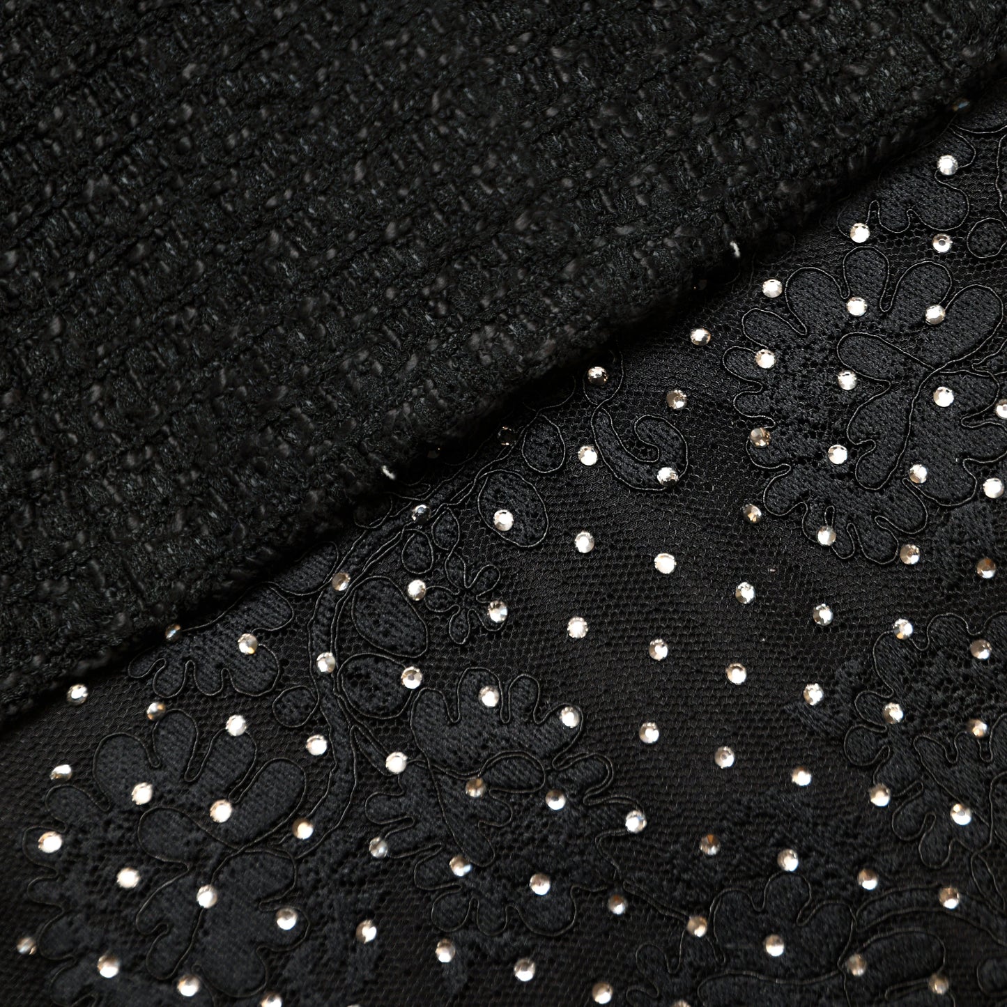 Black Boucle Rhinestone Lace Maxi Dress