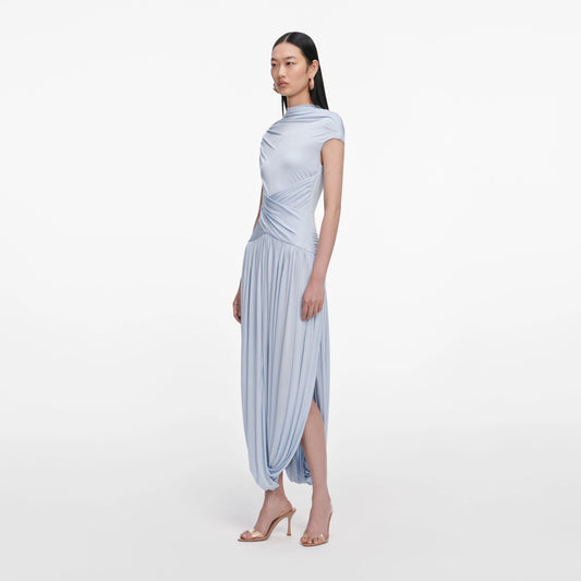 Blue Jersey Gathered Midi Dress