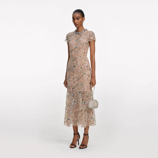 Champagne Sequin Embroidered Midi Dress