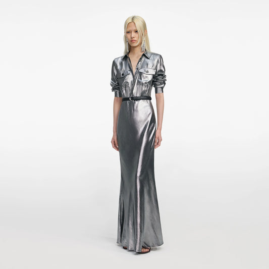Silver Metallic Crinkle Maxi Dress