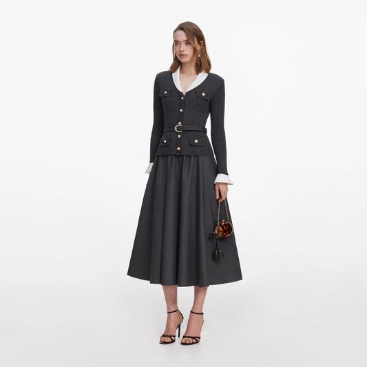 Grey Knit Twill Midi Dress
