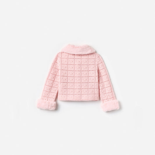 Pink Textured Knit Fur Cardigan