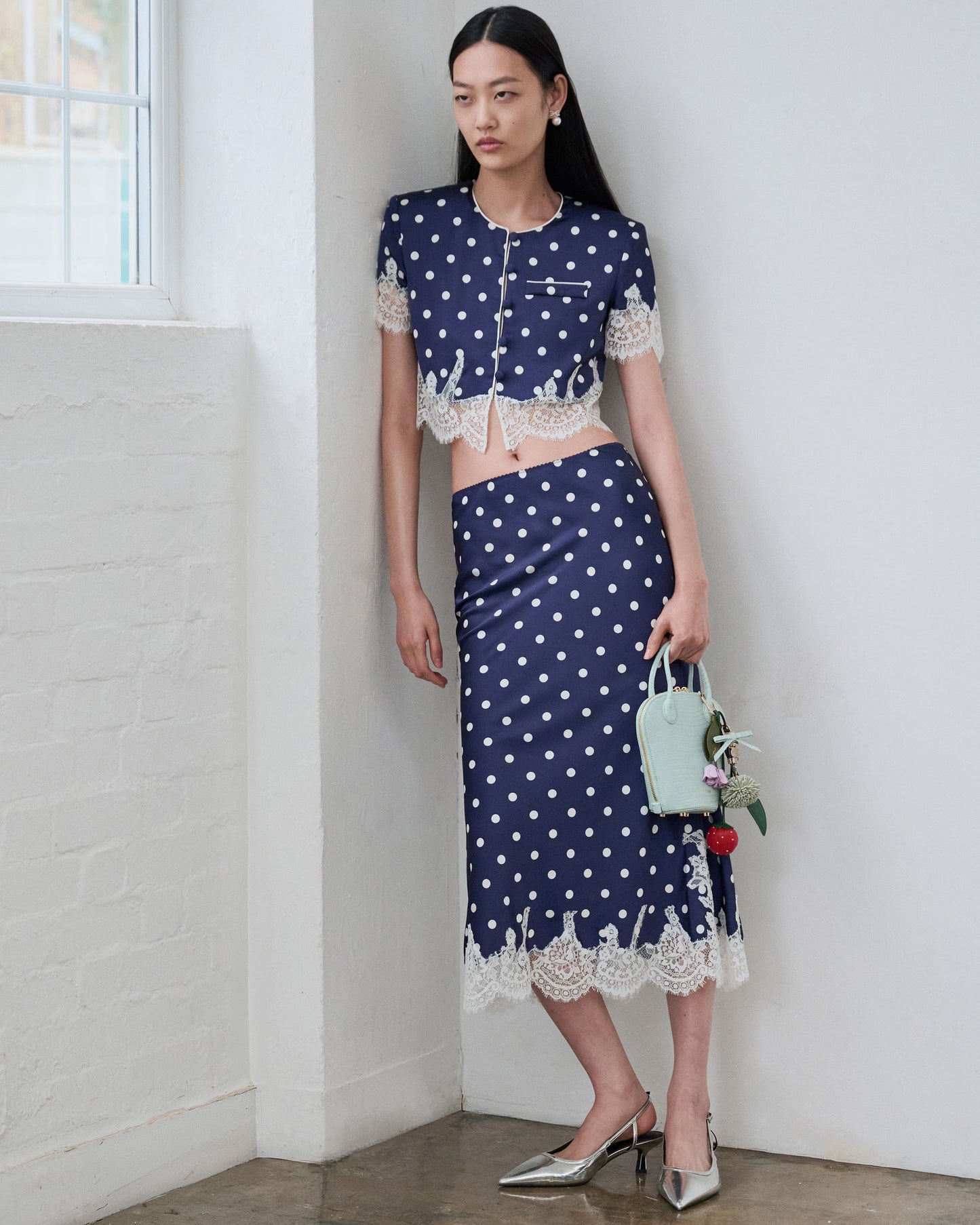 Navy Polka Dot Satin Midi Skirt