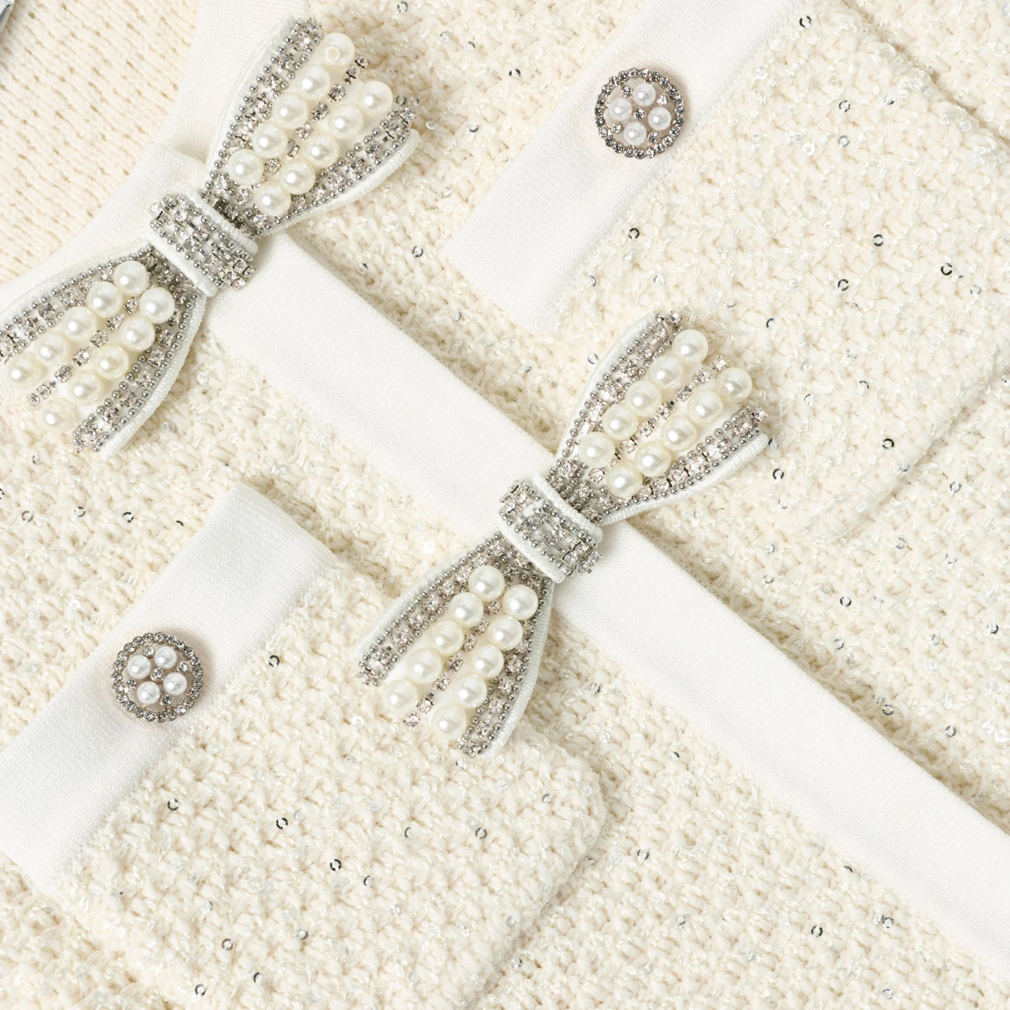 Cream Sequin Knit Bow Trim Dress