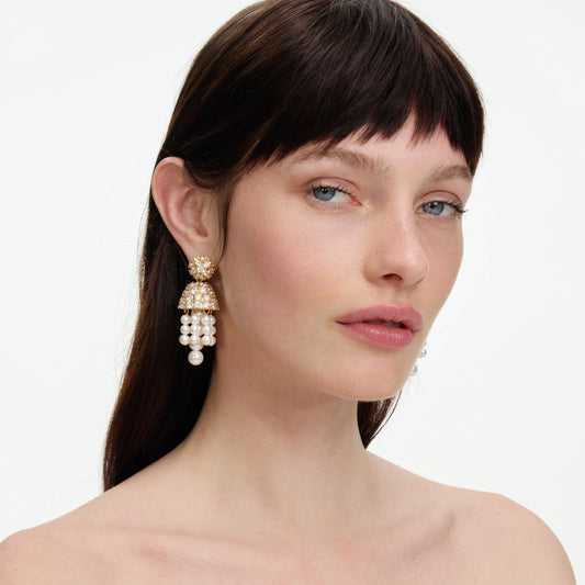 Gold Crystal Cluster Pearl Drop Earrings