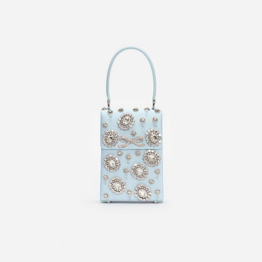 Blue Satin Crystal Mini Bow Bag