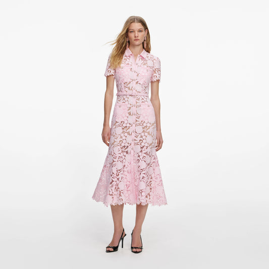 Pink Lace Collared Midi Dress