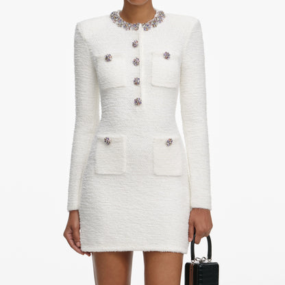 Cream Crystal Trim Knit Mini Dress