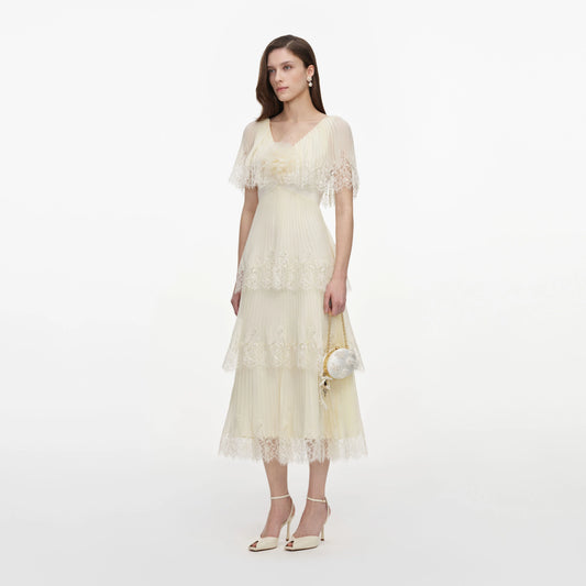 Yellow Chiffon Tiered Midi Dress