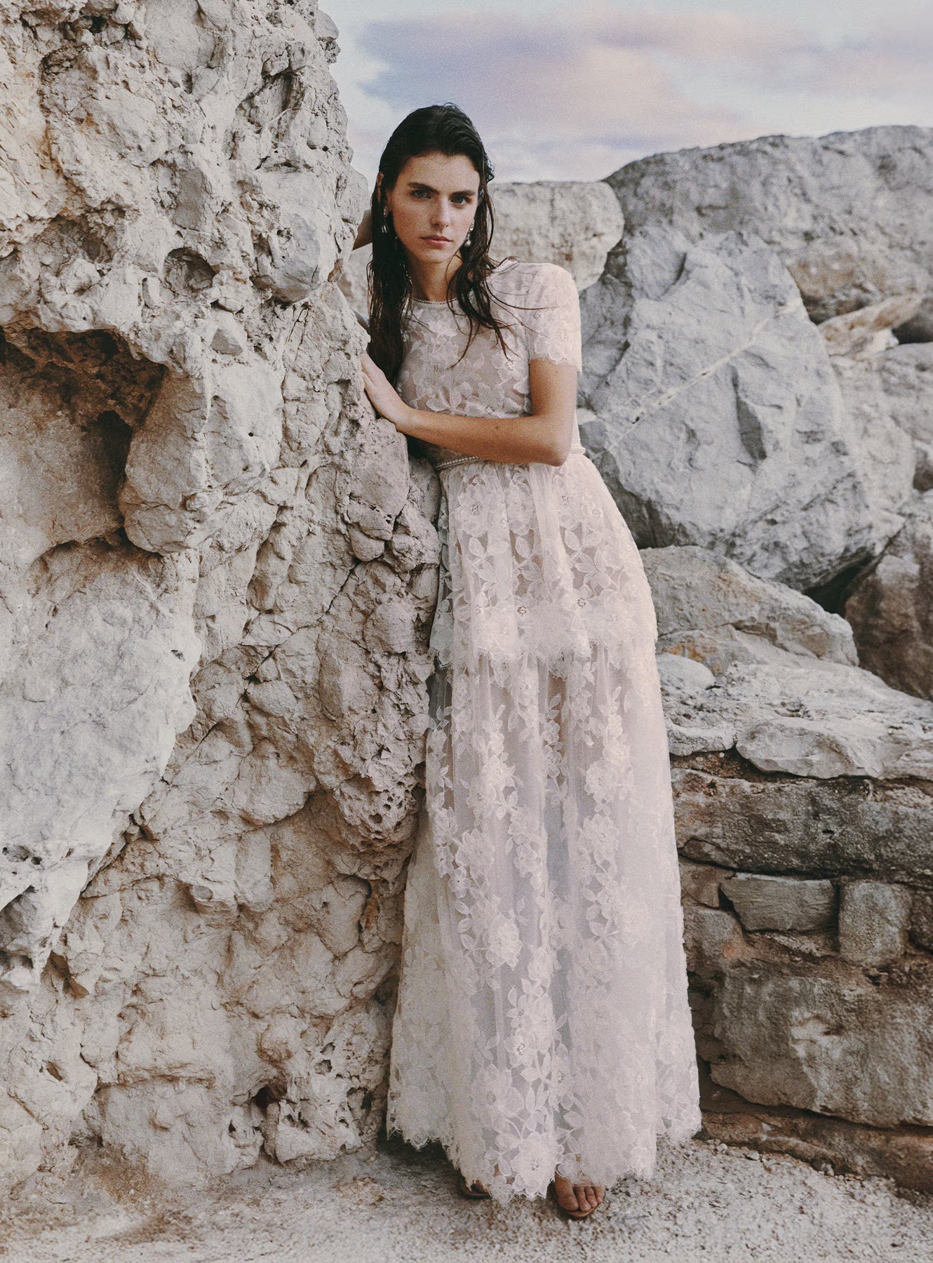White Sequin Lace Tiered Maxi Dress