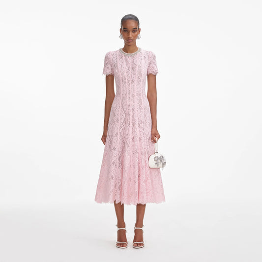 Pink Lace Embellished Midi Dress