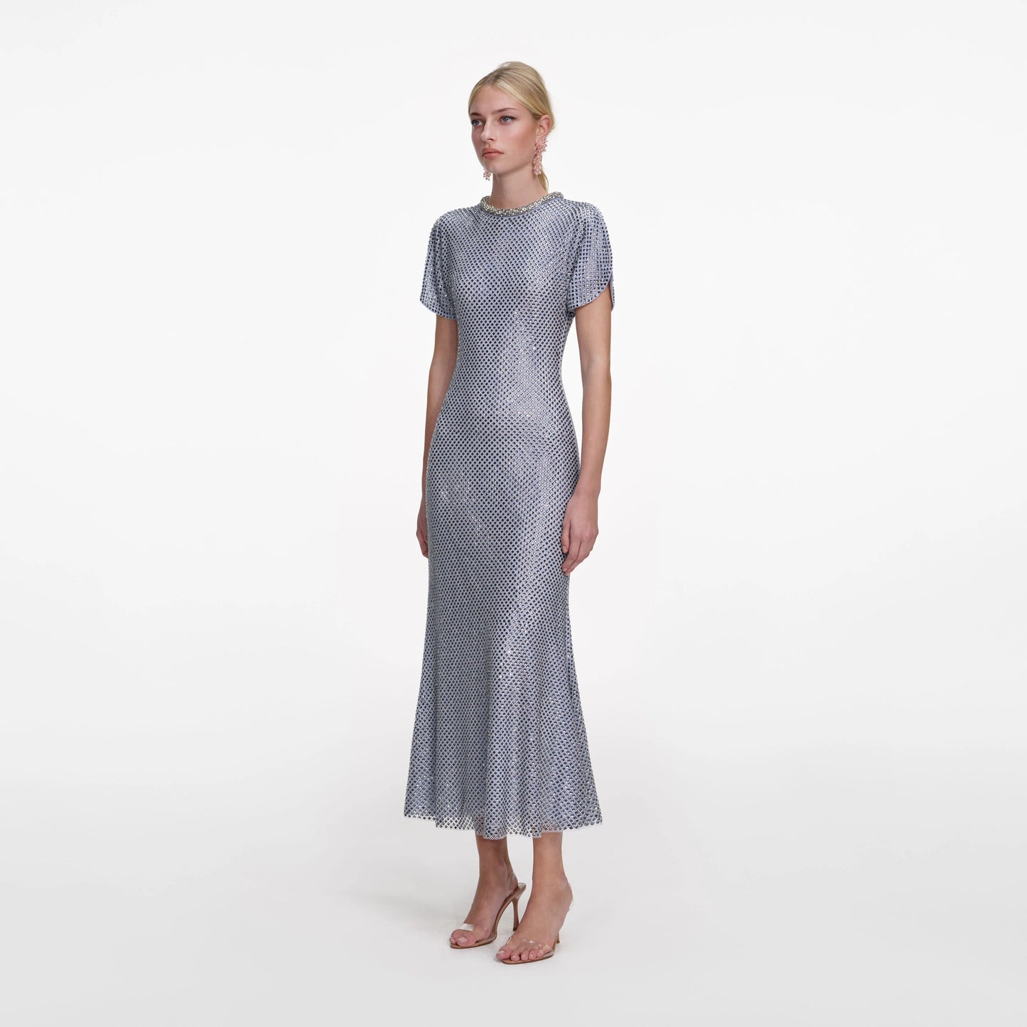 Blue Rhinestone Mesh Midi Dress