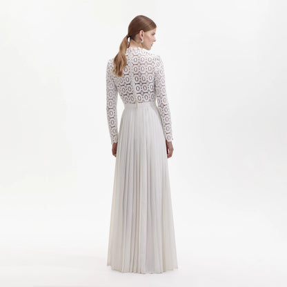 Pleated Crochet Floral Maxi Dress