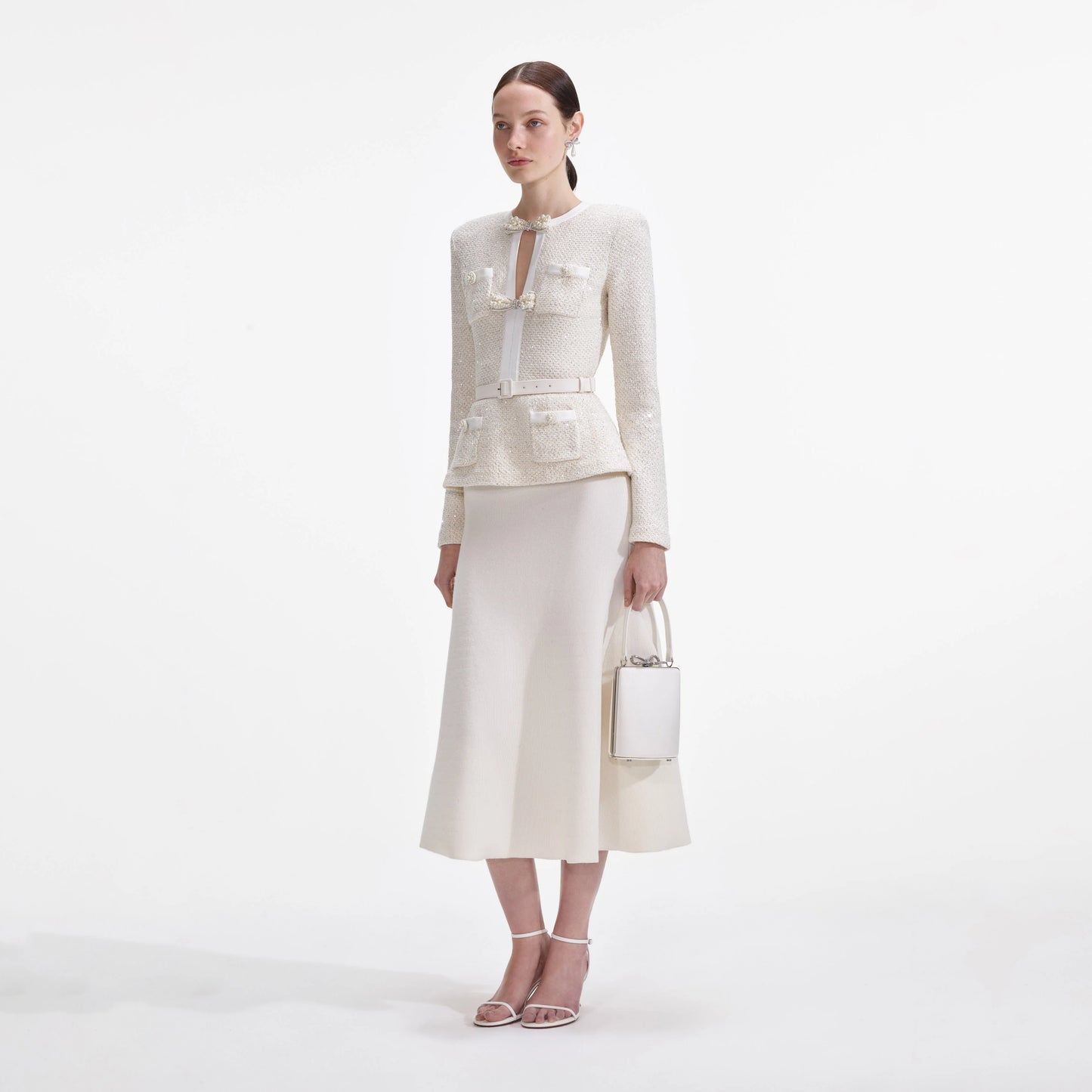 Cream Sequin Knit Tailored Midi Dress