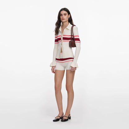 Cream Stripe Viscose Knit Button Top