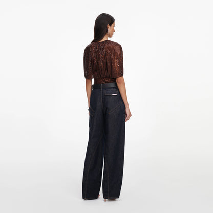 Brown Rhinestone Cape Sleeve Top