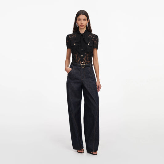 Black Lace Tie Neck Top