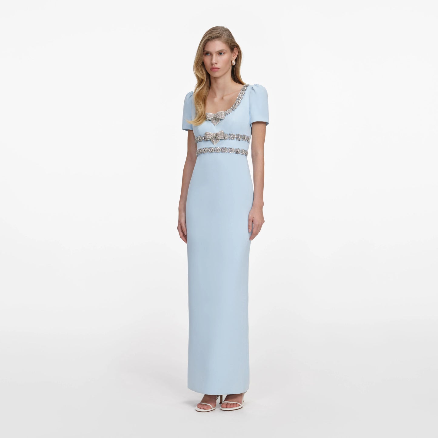Blue Crepe Embellished Bow Maxi Dress