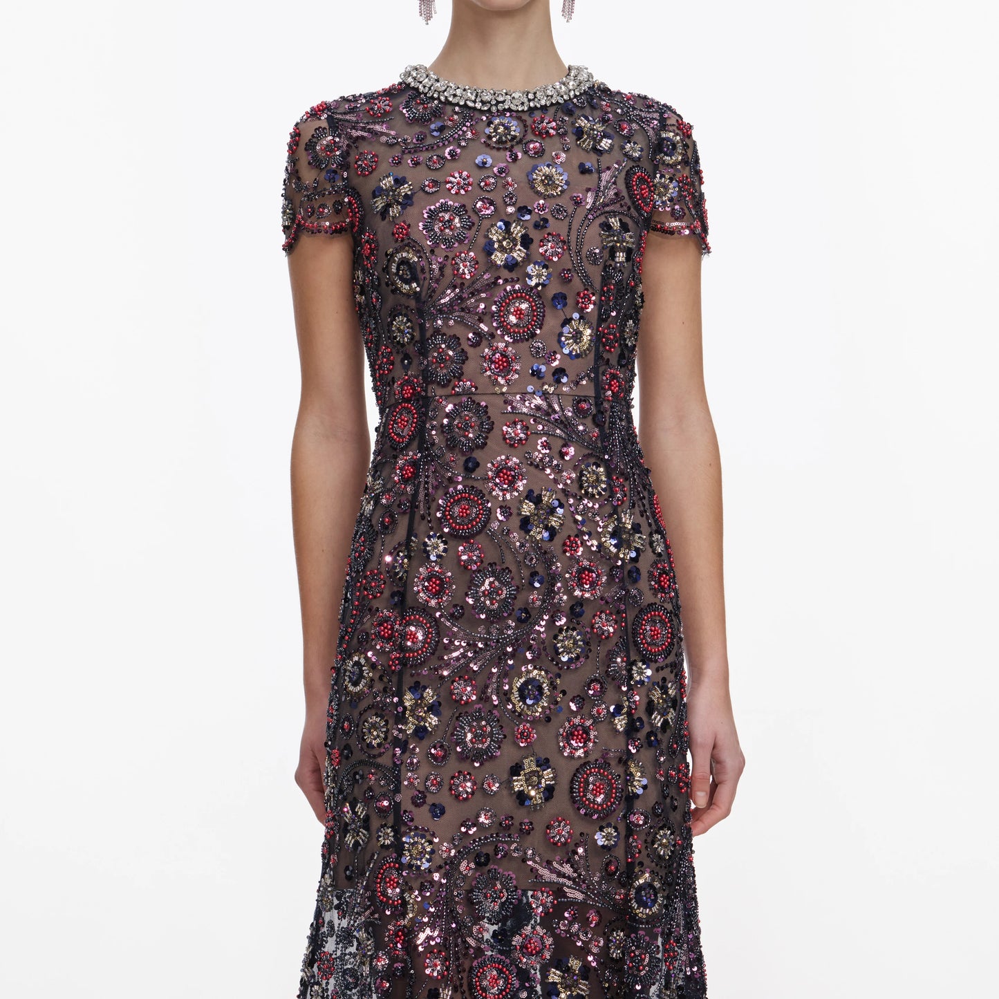 Navy Floral Sequin Midi Dress