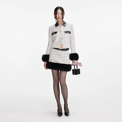 Check Boucle Fur Hem Mini Skirt