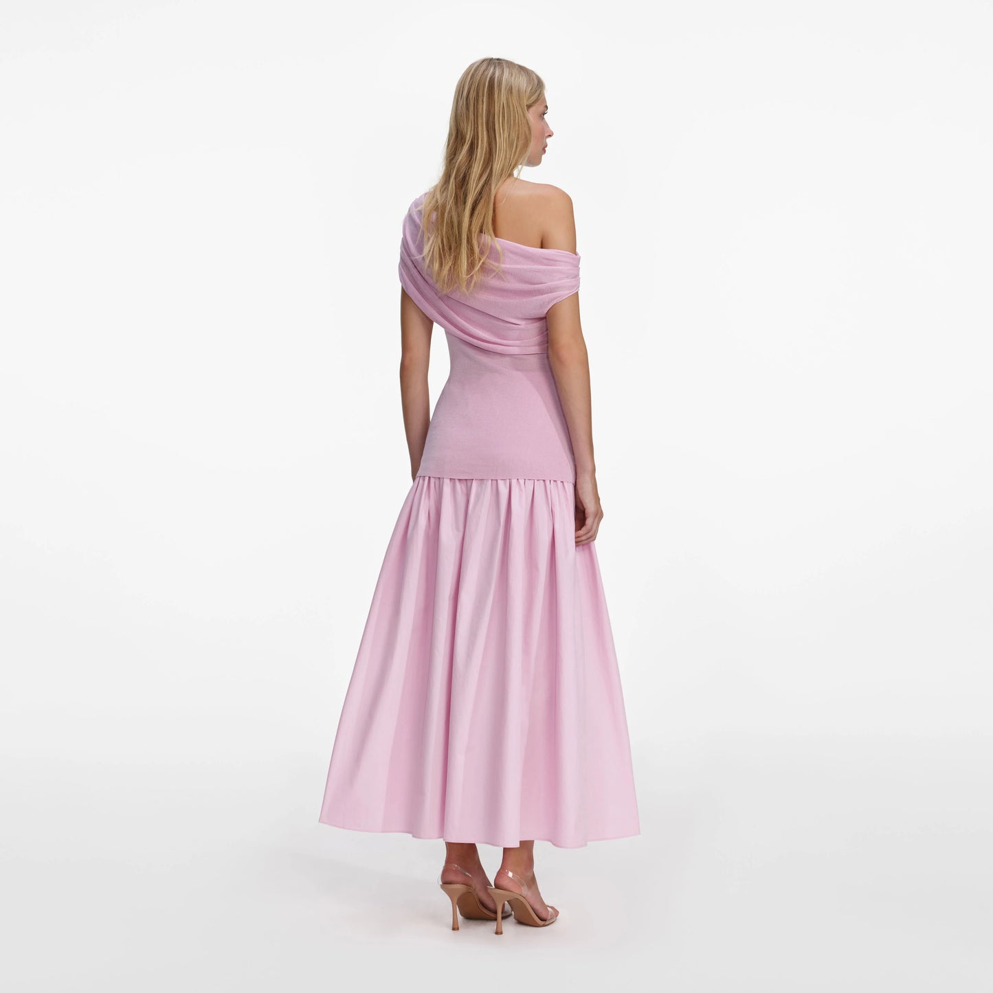 Pink Cotton Draped Knit Midi Dress