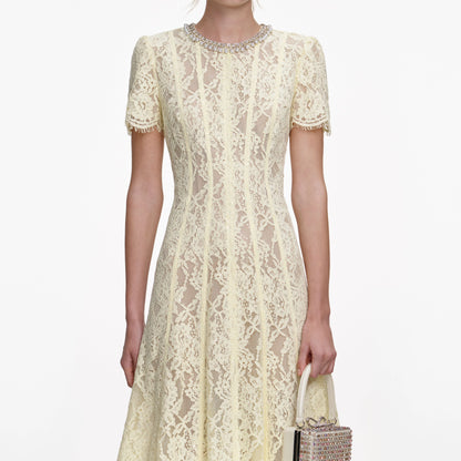 Yellow Lace Embellished Midi Dress