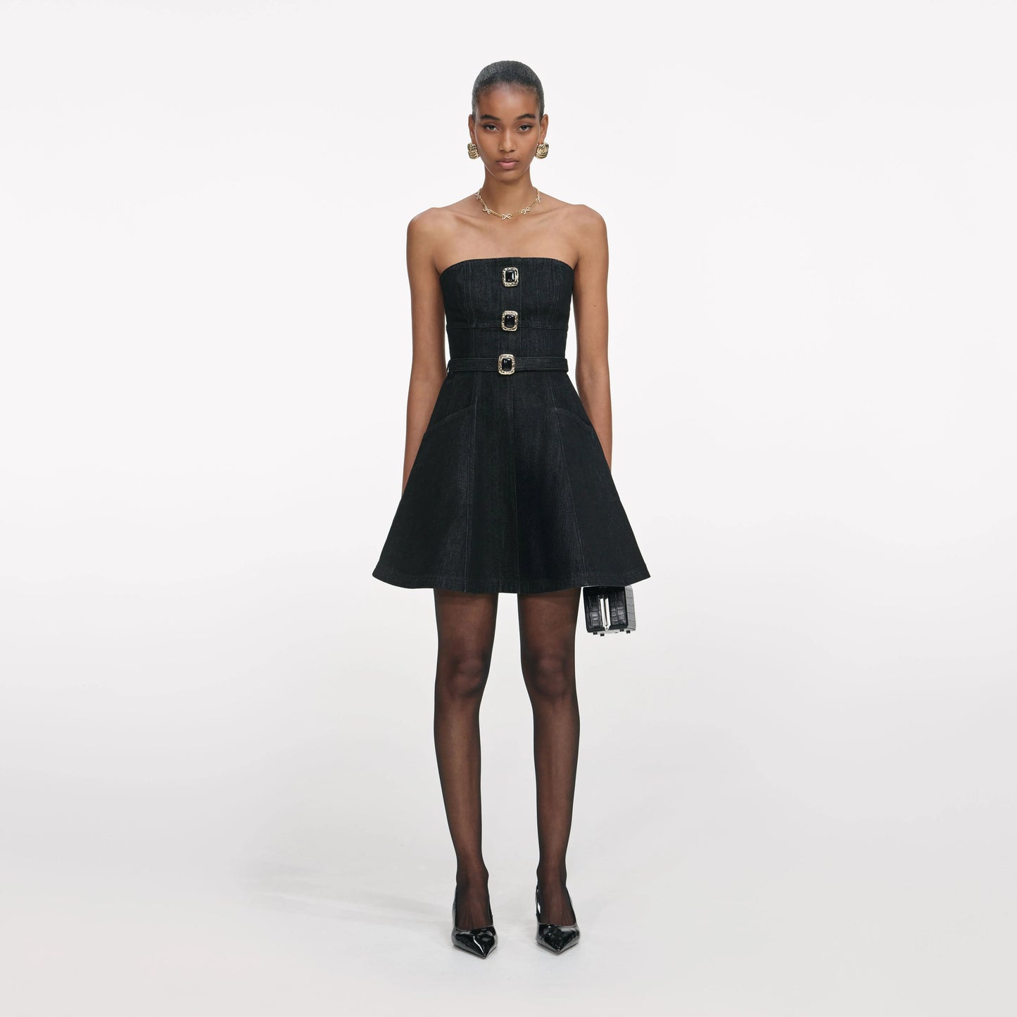 Black Denim Bandeau Mini Dress