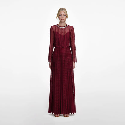 Burgundy Organza Lace Maxi Dress