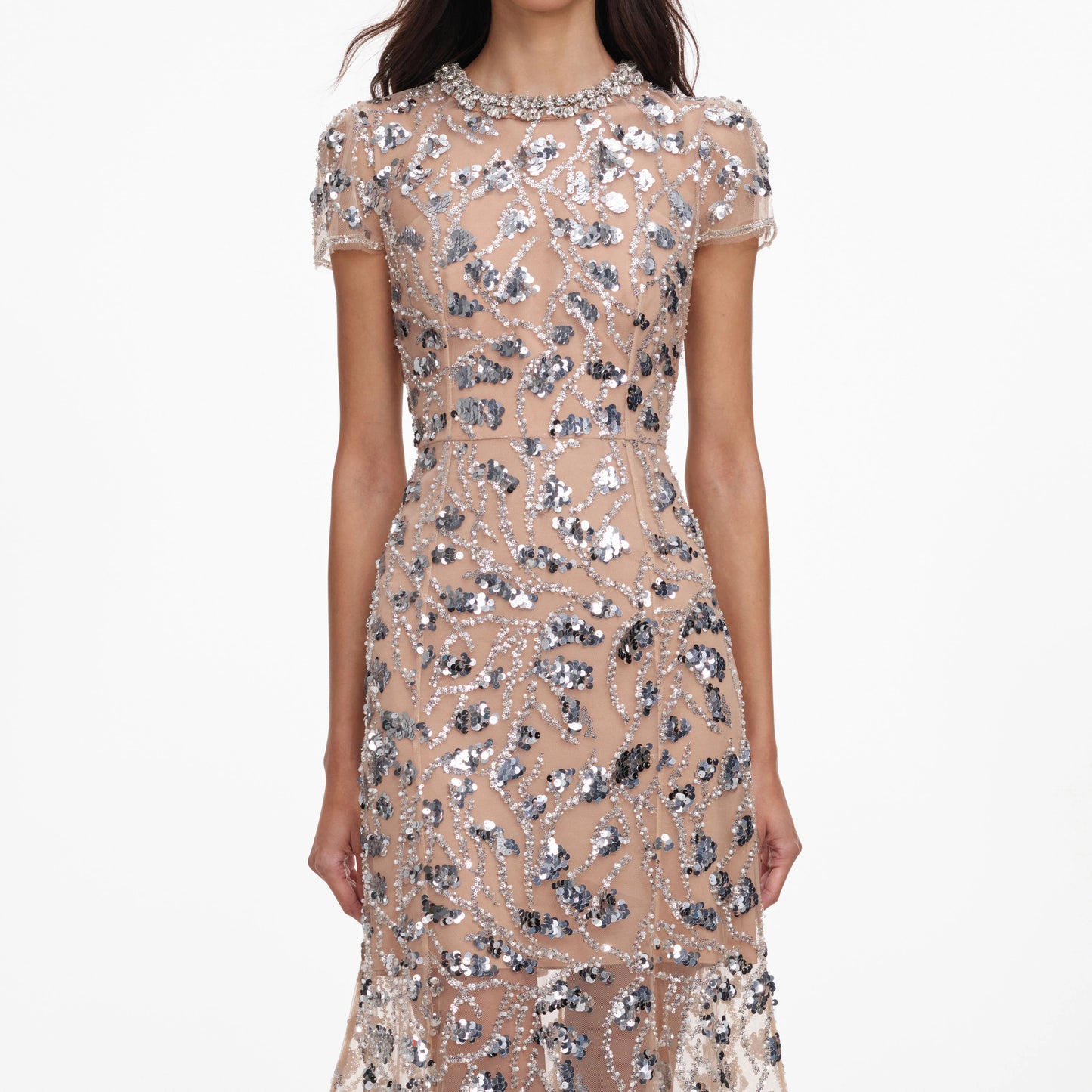Silver Sequin Embellished Midi Dress