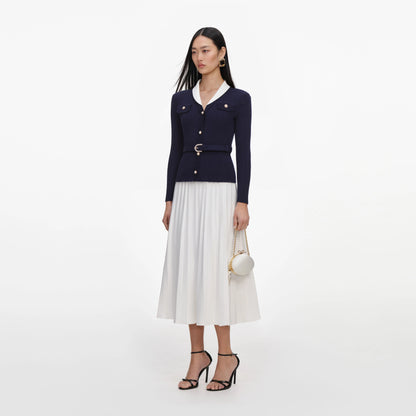 Navy Ribbed Knit Contrast Midi Dress