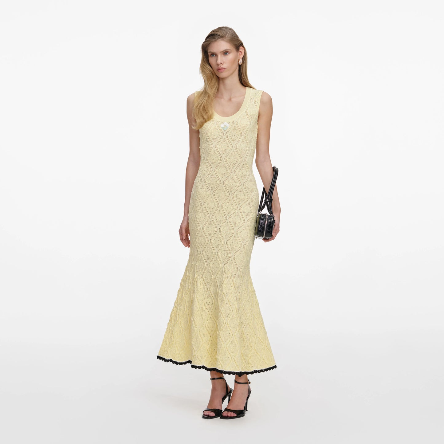 Yellow Pointelle Knit Midi Dress