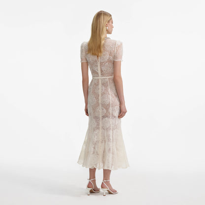 Cream Tulle Lace Midi Dress
