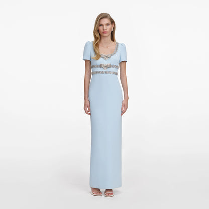 Blue Crepe Embellished Bow Maxi Dress