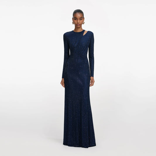 Navy Rhinestone Mesh Cut Out Maxi Dress