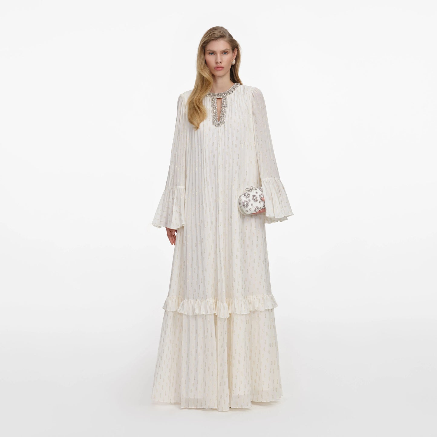 Cream And Gold Chiffon Maxi Dress