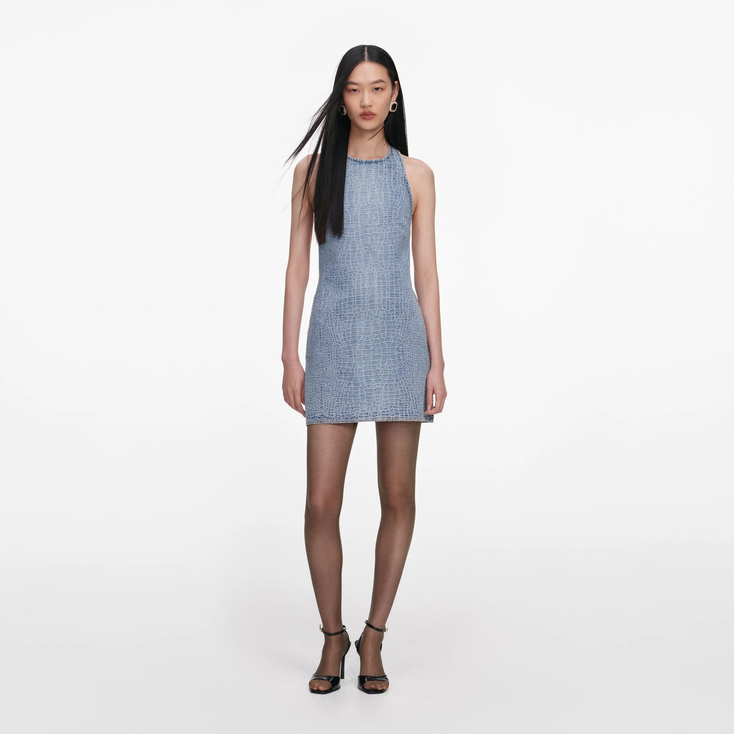 Rhinestone Croc Effect Denim Mini Dress