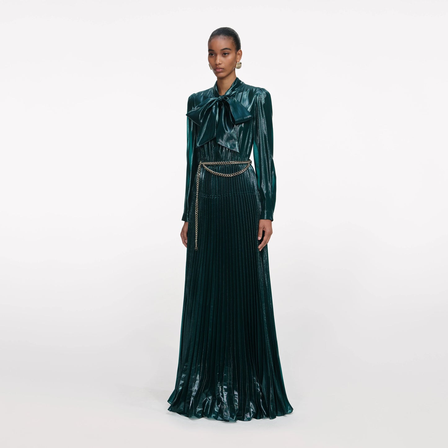 Green Metallic Tie Neck Maxi Dress