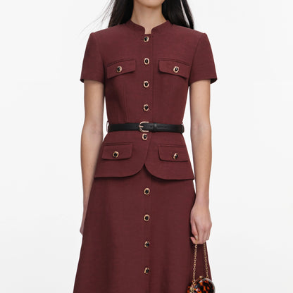 Brown Peplum Linen Blend Midi Dress