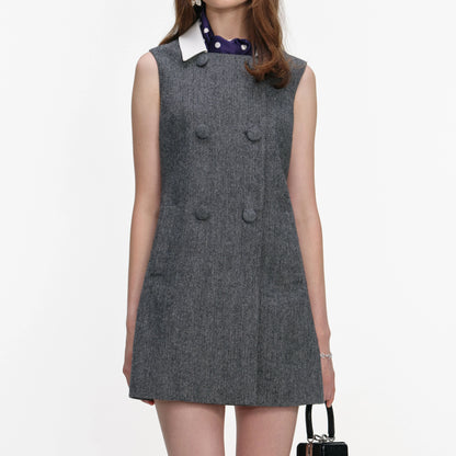 Grey Herringbone Scarf Detail Mini Dress
