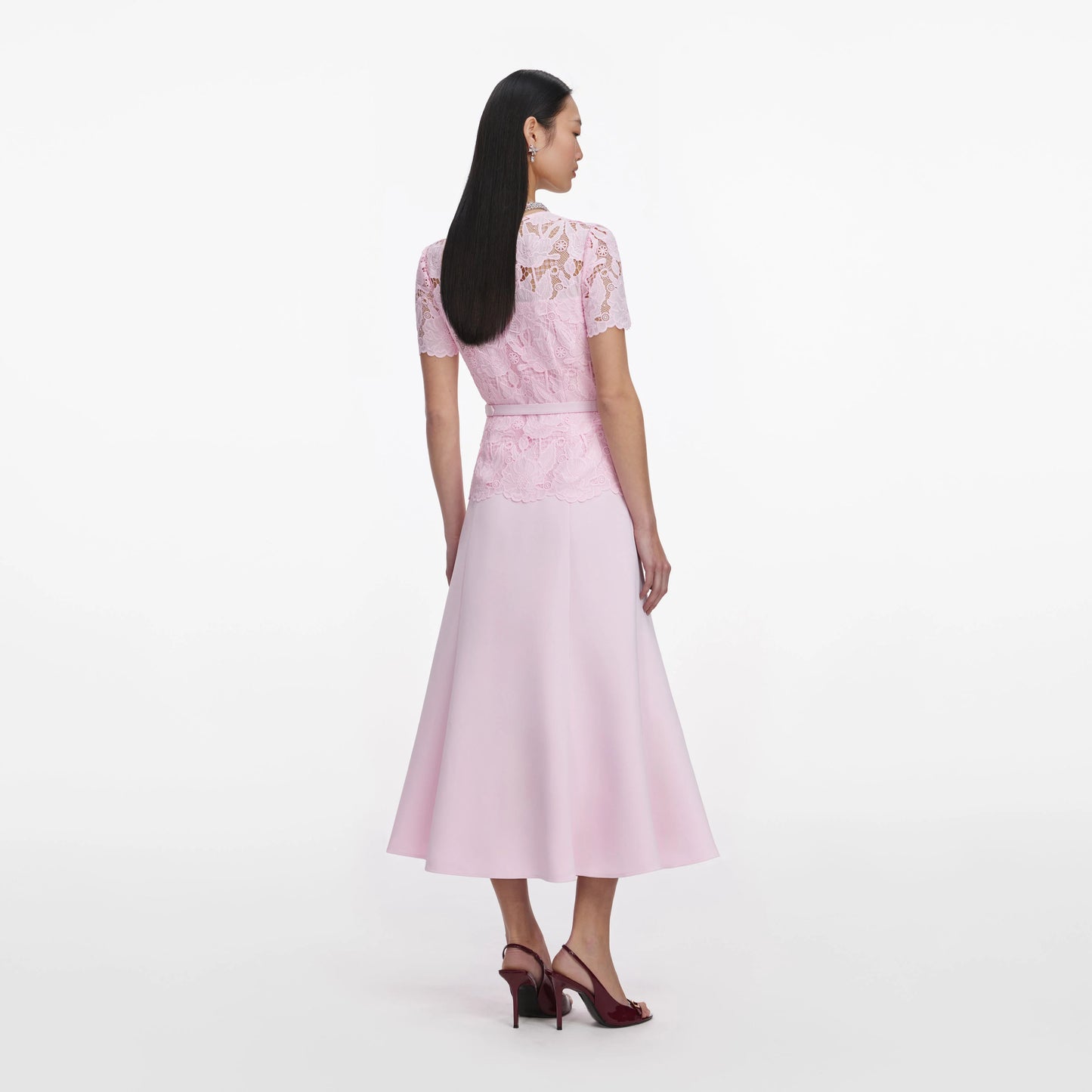 Pink Lace Crepe Midi Dress