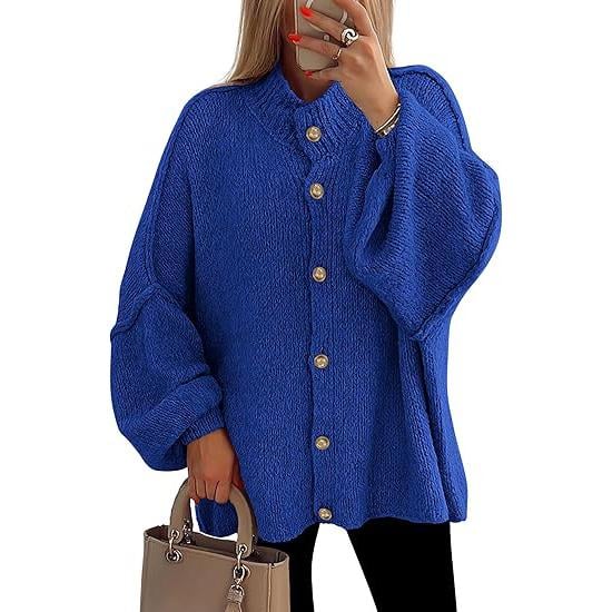 Women's Winter Button Down Cardigan Sweaters Mock Neck Lantern Long Sleeve Chunky Knit Jacket Trendy Outerwear