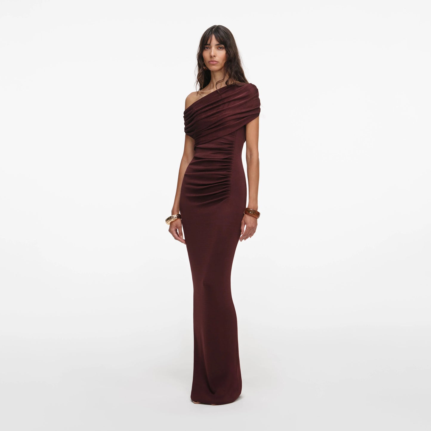 Brown Draped Knit Midi Dress