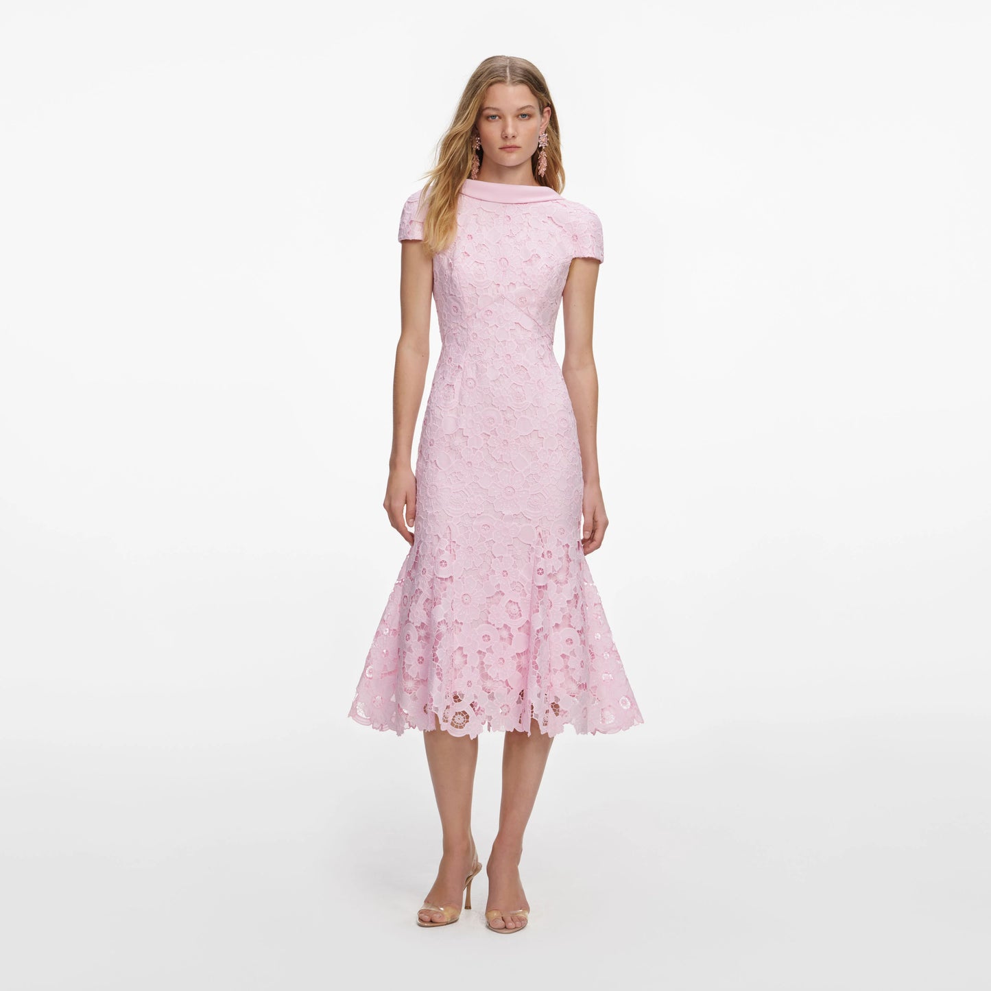 Pink Lace Scoop Back Midi Dress