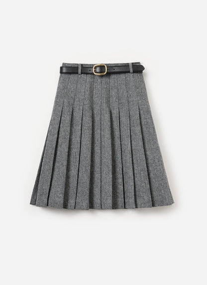 Grey Herringbone Pleated Midi Skirt