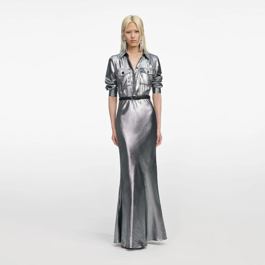 Silver Metallic Crinkle Maxi Dress