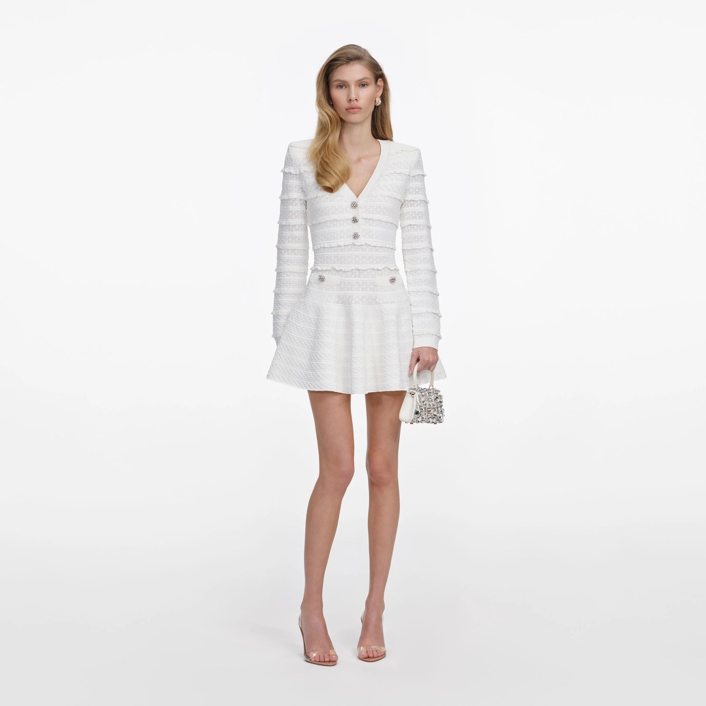 White Pointelle Diamante Knit Mini Dress
